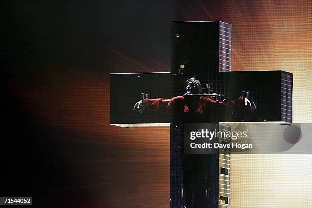 Madonna performs on stage at the first UK concert of her World Tour promoting her 'Confessions On A Dancefloor' album at Millennium Stadium on July...