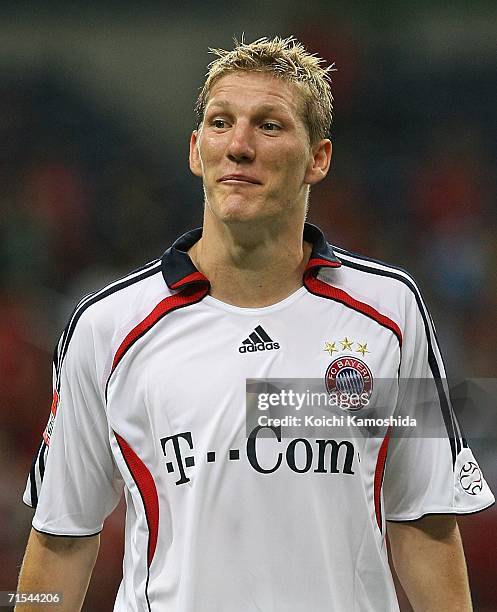 Bastian Schweinsteiger of Bayern Munich smiles during the friendly match between Urawa Red Diamonds All Stars and Bayern Munich All Stars on July 31,...