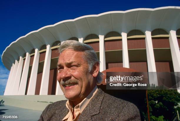 Former NHL and NBA owner, Gerald "Jerry" Buss, poses outside the Forum during a 1988 Inglewood, California, photo portrait session. Buss purchased...