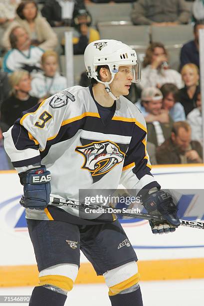 Paul Kariya of the Nashville Predators skates during a game against the San Jose Sharks on November 2, 2005 at the HP Pavilion in San Jose,...