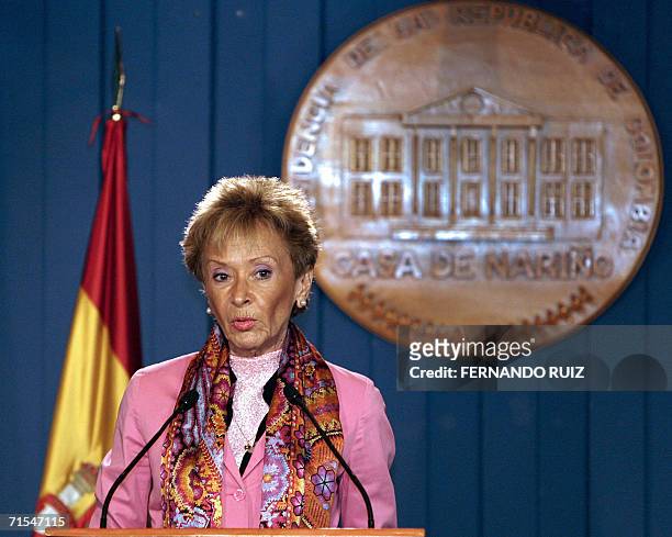Spanish vicepresident Maria Teresa Fernandez de la Vega speaks to the media during her visit to Bogota, July 31, 2006. Fernandez de la Vega met...