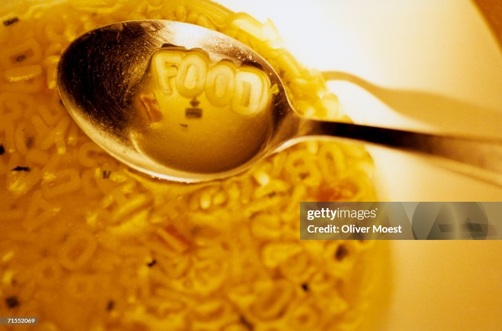 Alphabet noodle soup used to spell ?food?