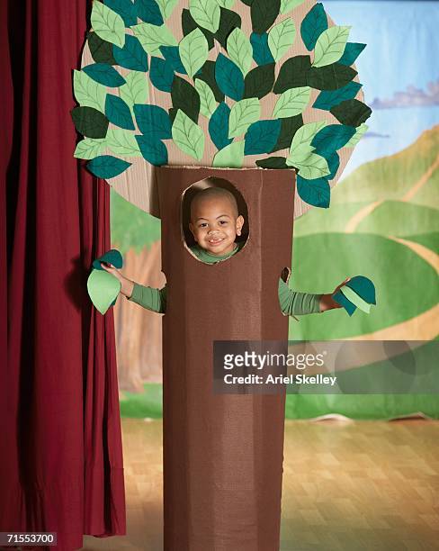 young african american boy in tree costume on stage - stage costume stock pictures, royalty-free photos & images
