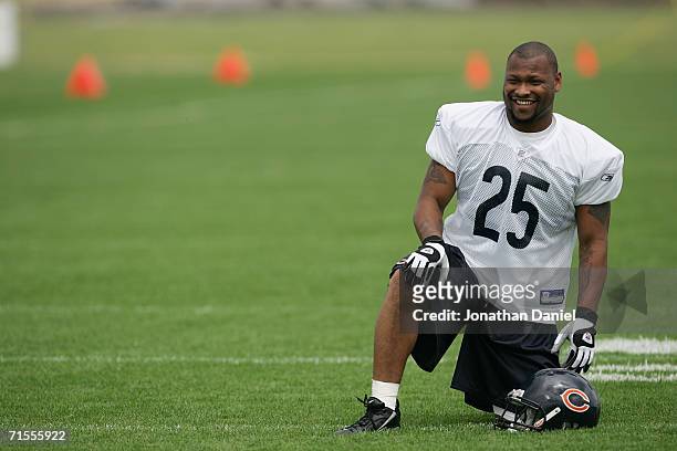 Cornerback Dion Byrum of the Chicago Bears works out during the first summer training camp practice on July 27, 2006 at Olivet Nazarene University in...