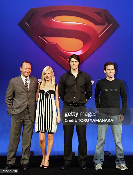 Actor Kevin Spacey , actress Kate Bosworth , actor Brandon Routh and director Bryan Singer pose for photographers during a press conference promoting...