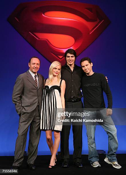 Actors Kevin Spacey, Kate Bosworth, Brandon Routh and director Bryan Singer pose during a news conference for their film "Superman Returns"at a Tokyo...