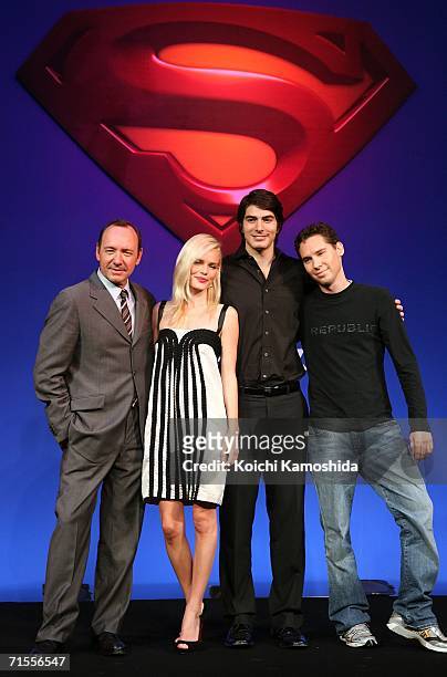 Actors Kevin Spacey, Kate Bosworth, Brandon Routh and director Bryan Singer pose during a news conference for their film "Superman Returns"at a Tokyo...