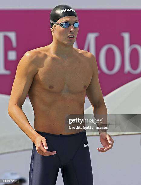 Pieter Van Den Hoogenband of The Netherlands stands at the start of the Men's 200m Freestyle Heat at the European Swimming Championships on August 1,...