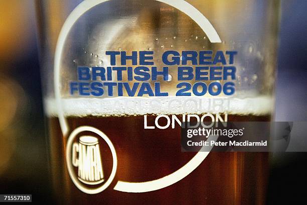 Pint of beer displays the name of The Great British Beer Festival on August 1, 2006 in London. The Great British Beer Festival runs from August 1-5,...