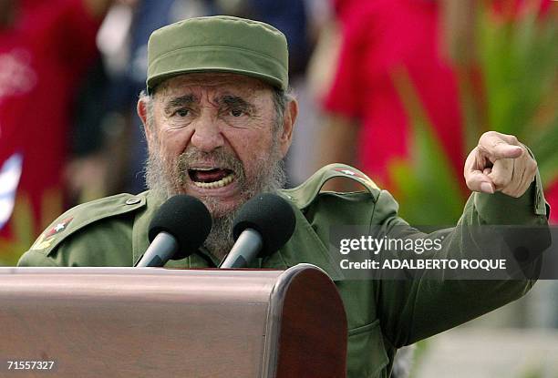 Cuban President Fidel Castro presides over a massive May Day demonstration at Havana's Plaza de la Revolucion , 01 May 2005. A spokesman of Cuban...