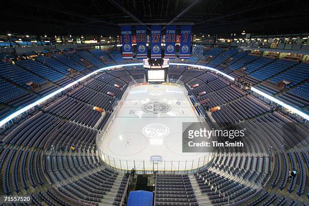 General view from the upper decks of the ice and seats at Rexall Place, a hockey and lacrosse venue and the home of the NHL's Edmonton Oilers,...