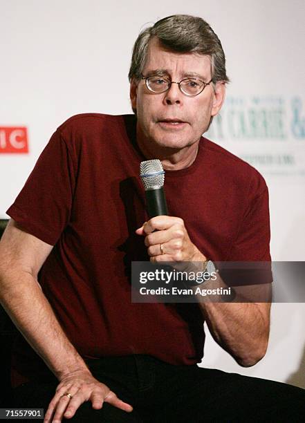 Author Stephen King participates in a news conference for "An Evening With Harry, Carrie and Garp," a reading with King, J.K. Rowling and John...