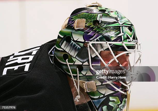 Goaltender Jean-Sebastien Giguere of the Mighty Ducks of Anaheim looks on during game five of the NHL Western Conference Finals against the Edmonton...