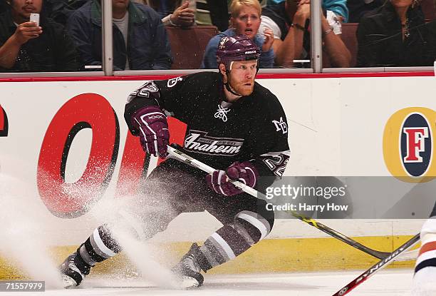 Todd Marchant of the Mighty Ducks of Anaheim stops along the side boards during game five of the NHL Western Conference Finals against the Edmonton...