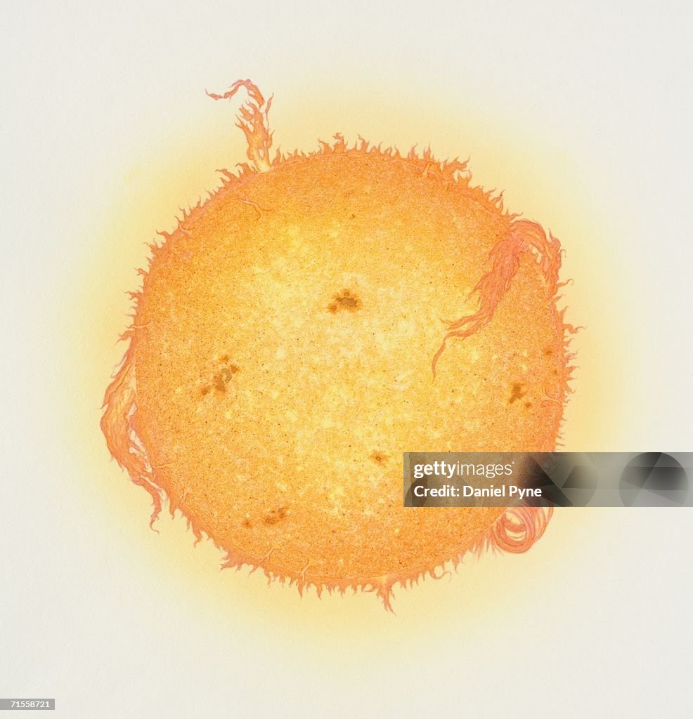 Illustration of the sun depicting coronal eruptions on its surface.