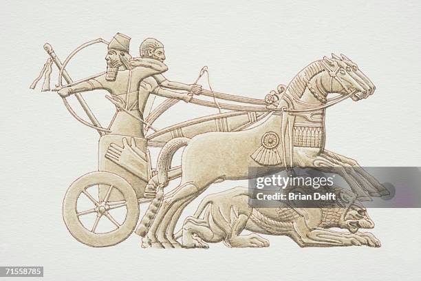 ilustraciones, imágenes clip art, dibujos animados e iconos de stock de mesopotamia, warriors riding chariot, side view. - carro de corrida