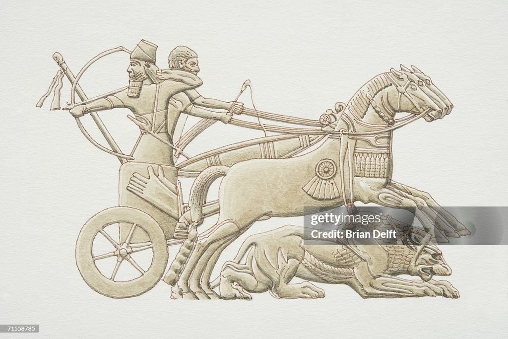 Mesopotamia, warriors riding chariot, side view.