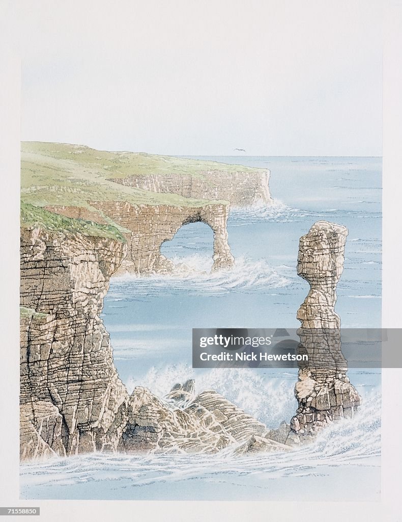 Rugged cliffs and rocks by shoreline.