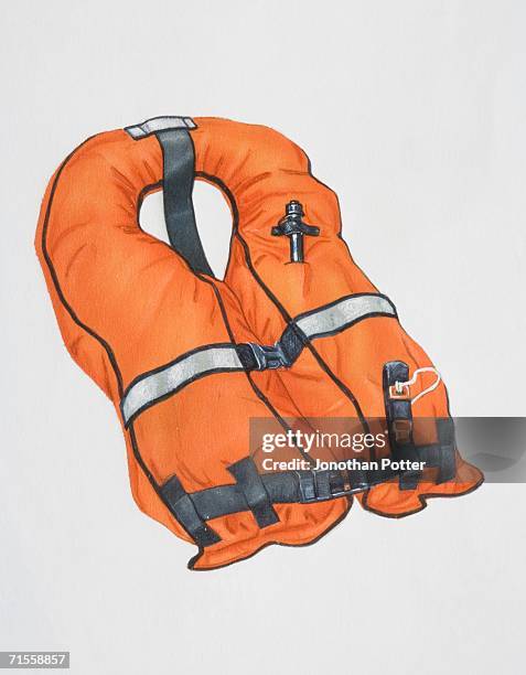 inflated orange lifejacket with attached whistle and light. - life jacket stock illustrations