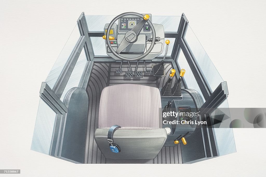Interior of backhoe loader cabin, view from above.