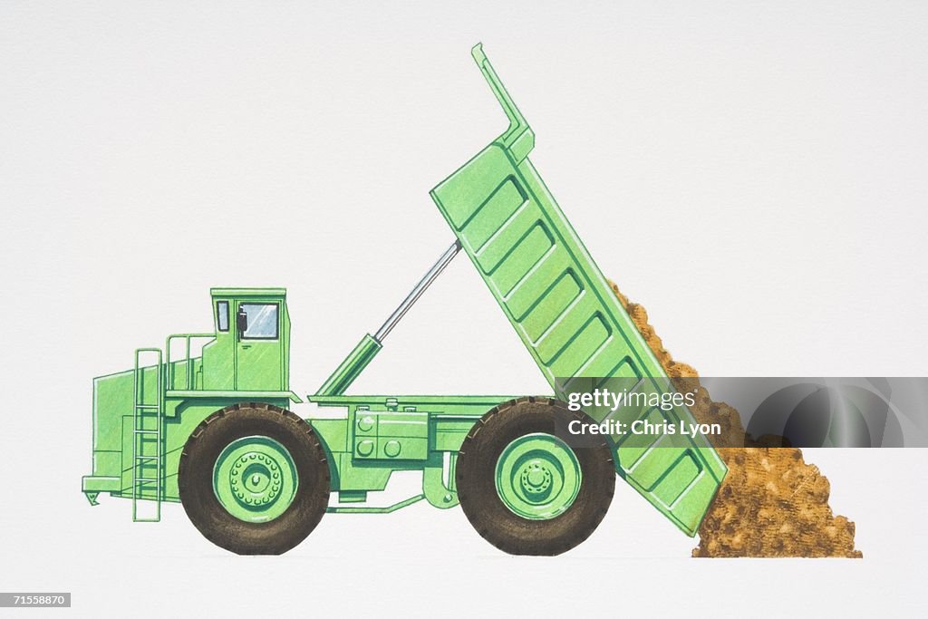 Green dumper truck unloading earth, side view.