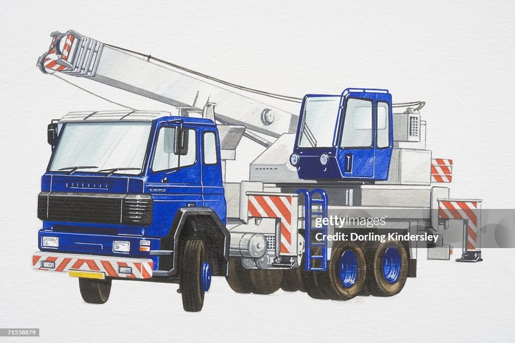 Blue truck crane, side view.