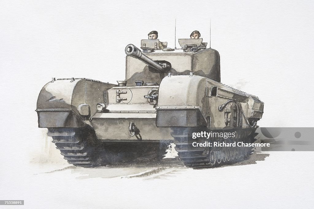 British Churchill army tank driven by two soldiers, front view.