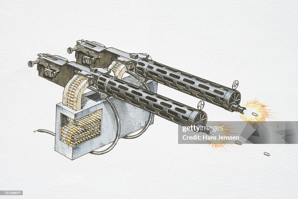 Double machine gun firing bullets.