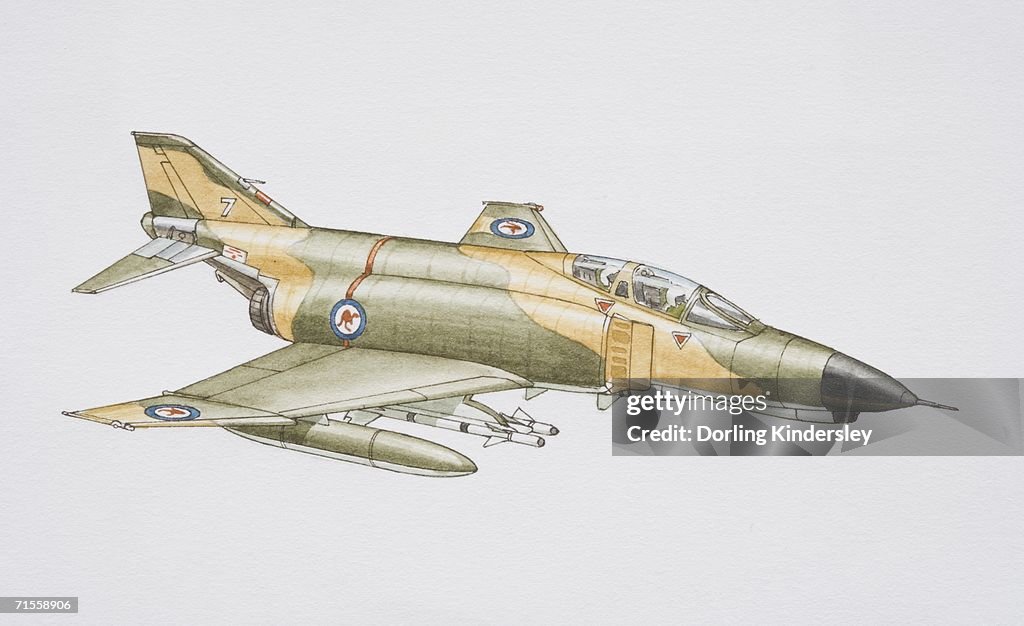 Flying Phantom Jet with missiles below wings, side view.