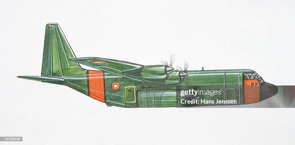 Green and red Lockheed C-130 Hercules military plane, side view.