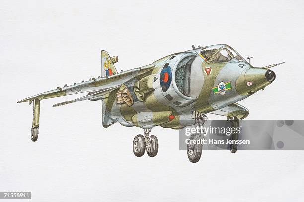 flying harrier jet with wheels out ready for landing. - vertical takeoff and landing stock illustrations