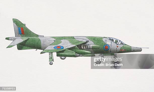 1969 harrier jump jet, side view. - vertical takeoff and landing stock illustrations