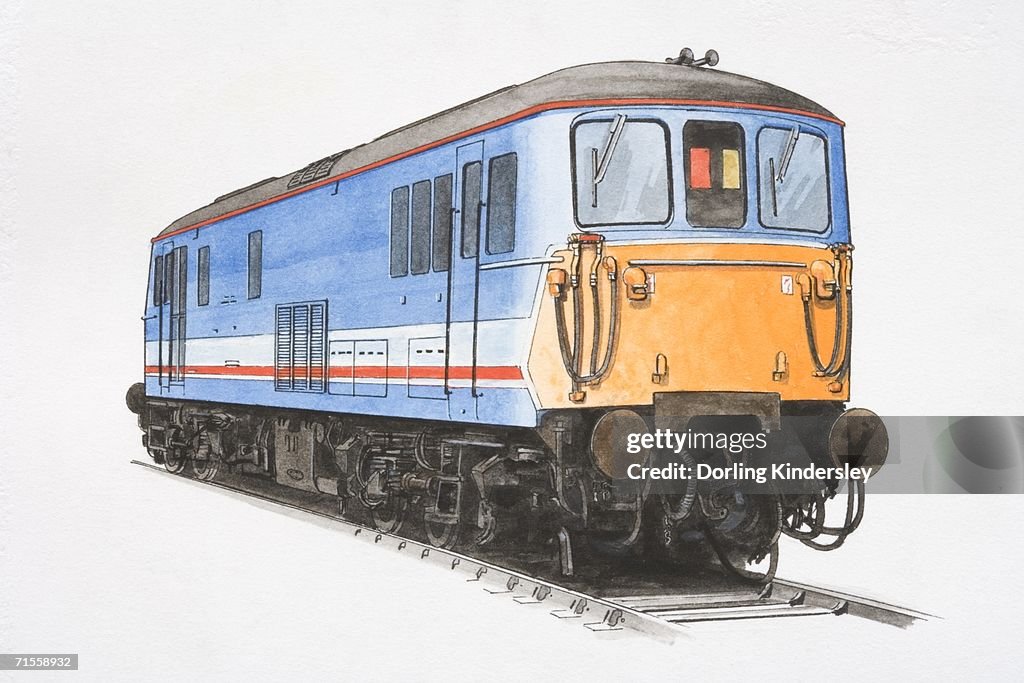 Class 73 electro-diesel locomotive engine on railway track, front view.