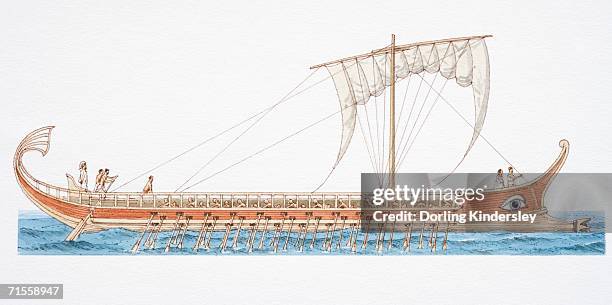 stockillustraties, clipart, cartoons en iconen met 500 bc greek trireme, side view. - galleischip