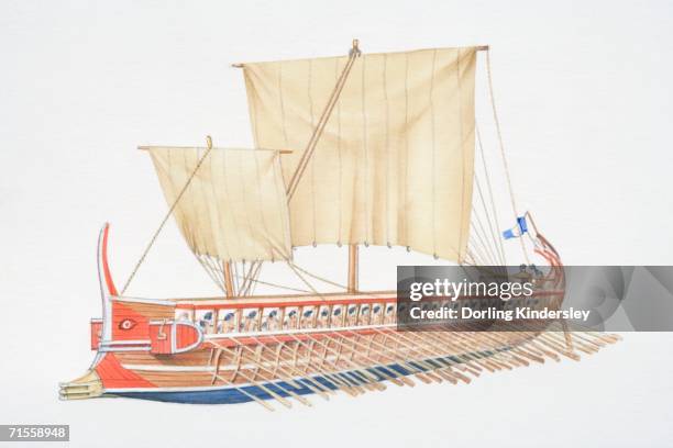 ancient greece, wooden sailing boat with two large sails. - competitive rowing stock illustrations