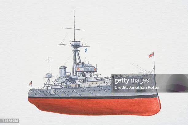 the battleship dreadnought with union jack flag flying at the front of the ship. - 1906 stock illustrations