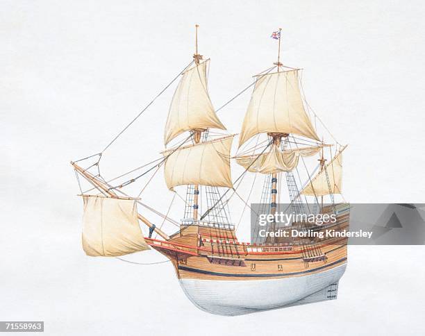 1620 american wooden merchant ship with raised sails. - mayflower pilgrim stock illustrations