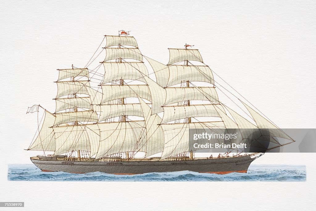 19th century clipper ship at sea.