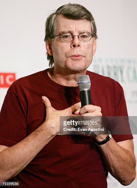 Author Stephen King participates in a news conference for "An Evening With Harry, Carrie and Garp," a reading with King, J.K. Rowling and John...