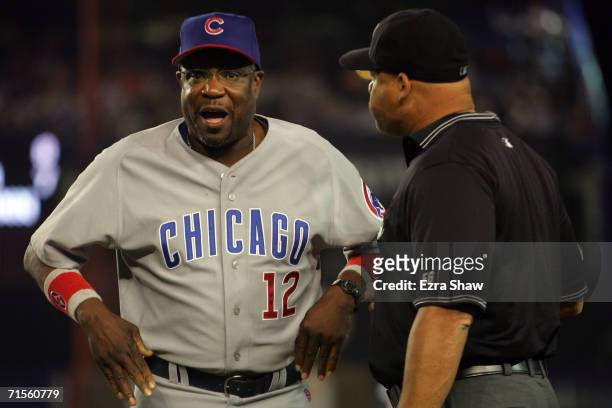 Manager Dusty Baker of the Chicago Cubs argues a call against the New York Mets on July 24, 2006 at Shea Stadium in the Queens borough of New York...
