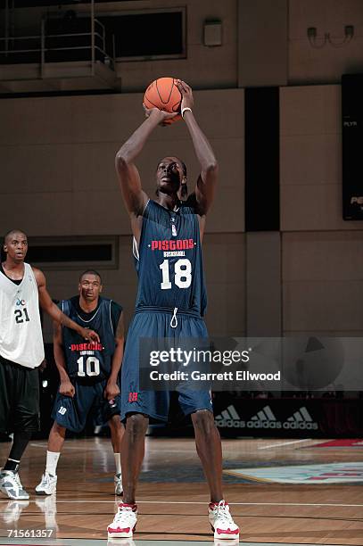 Cheikh Samb of the Detroit Pistons attempts a free throw against the Washington Wizards during the Toshiba Vegas Summer League at the Cox Pavillion...