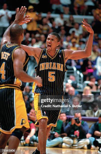 Jalen Rose of the Indiana Pacers displays emotion aginst the Los Angeles Lakers during Game Two of the 2000 NBA Finals on June 9, 2000 at the Staples...