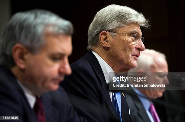 Senator John Warner speaks during a hearing of the Senate Armed Services Committee on Capitol Hill August 1, 2006 in Washington, DC. Deputy Attorney...