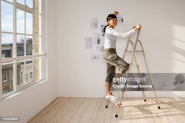 frau auf der trittleiter aufhängen bilder - step ladder stock-fotos und bilder
