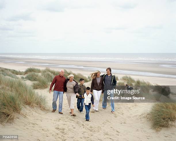 family walking along a beach - generation gap 個照片及圖片檔