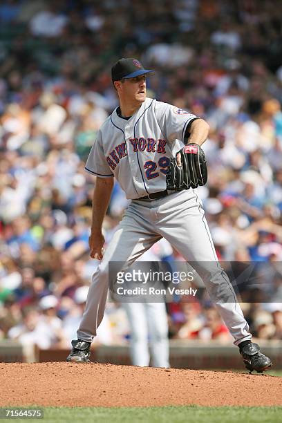 Steve Trachsel of the New York Mets pitches during the game against the Chicago Cubs at Wrigley Field in Chicago, Illinois on July 14, 2006. The Mets...
