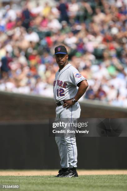 Manager Willie Randolph of the New York Mets stands on the field during the game against the Chicago Cubs at Wrigley Field in Chicago, Illinois on...