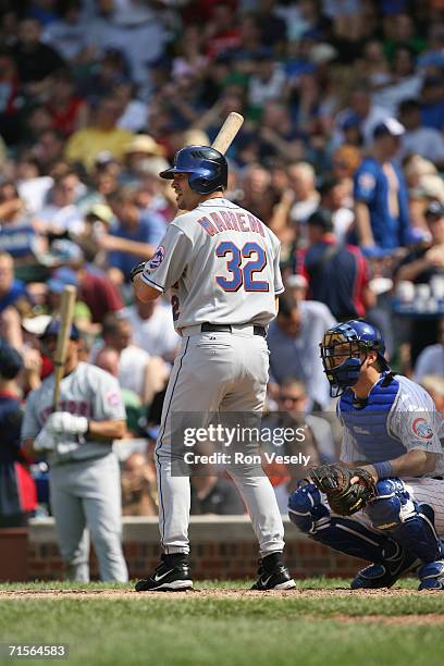 Eli Marrero of the New York Mets bats during the game against the Chicago Cubs at Wrigley Field in Chicago, Illinois on July 14, 2006. The Mets...