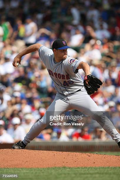 Aaron Heilman of the New York Mets pitches during the game against the Chicago Cubs at Wrigley Field in Chicago, Illinois on July 14, 2006. The Mets...