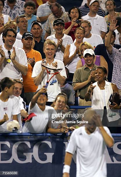 The crowd cheers Andre Agassi of the USA after he is defeated by Andrea Stoppini of Italy on day 2 of the Legg Mason Tennis Classic on August 1, 2006...